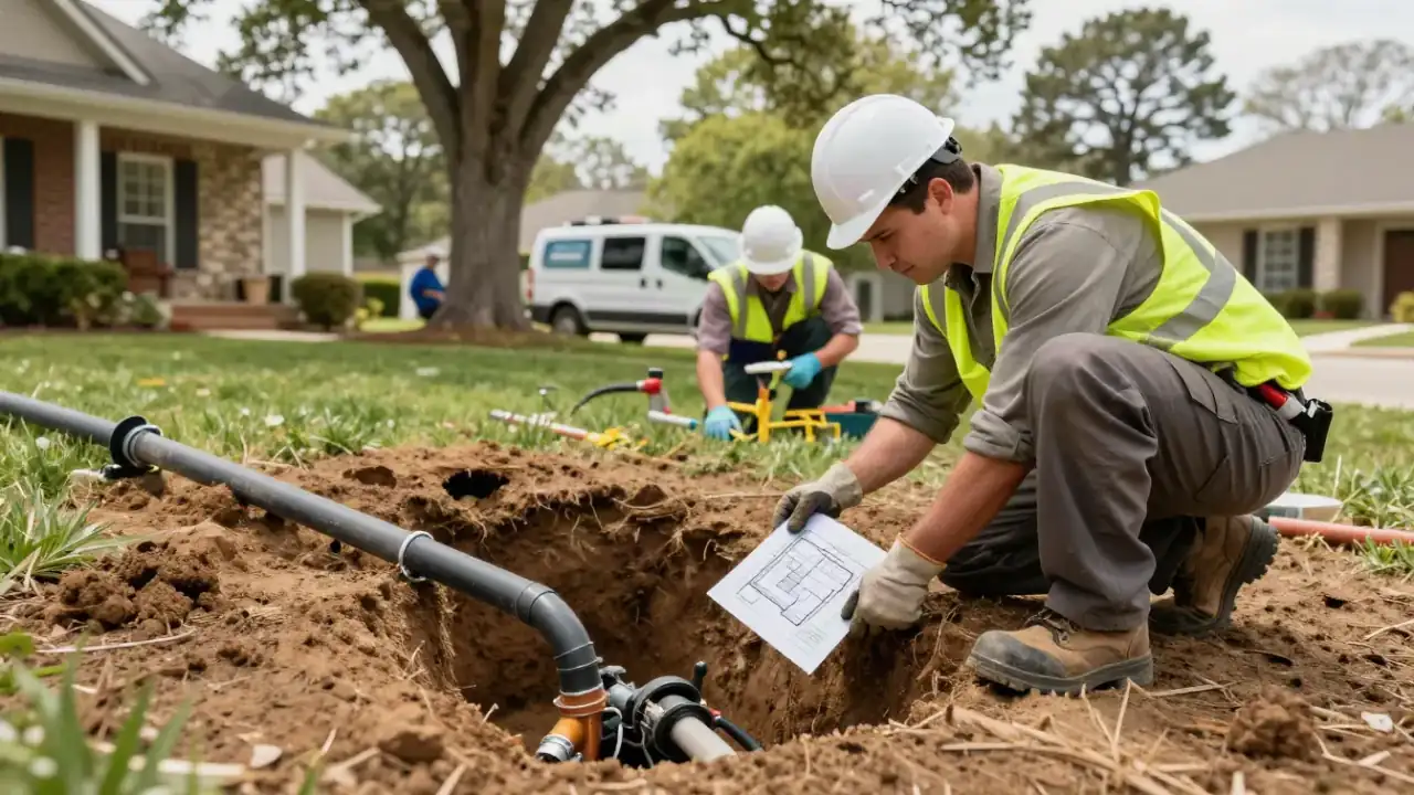 Sewer Line Repair in Roswell, Georgia: team of sewer technicians collaboratively planning a job next to a diagram of a