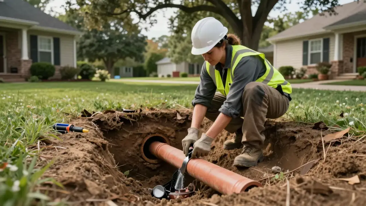 Spot Sewer Line Repair in Roswell, Georgia: sewer technician carefully cutting out a damaged section of a clay sewer pipe