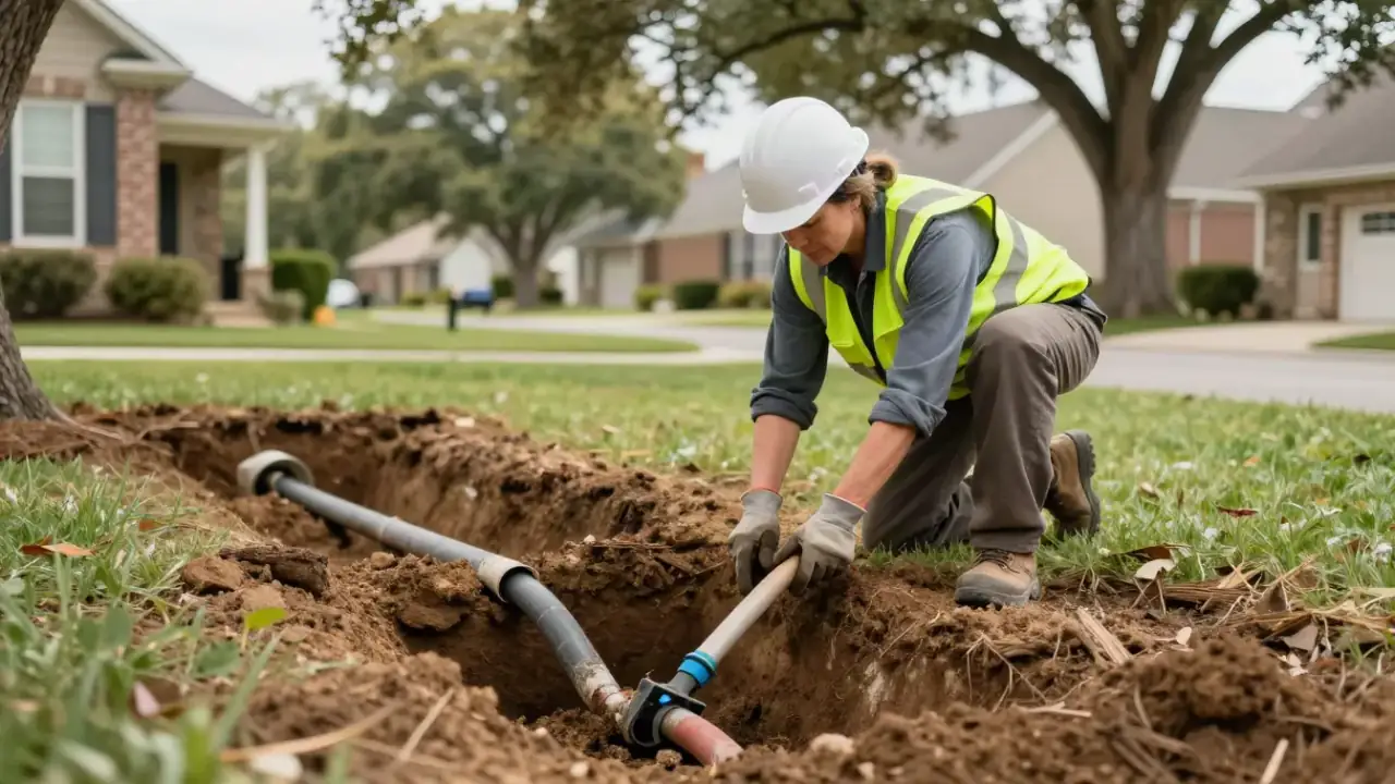 Sewer Line Repair in Roswell, Georgia: sewer technician carefully backfilling a completed trench in a residential front